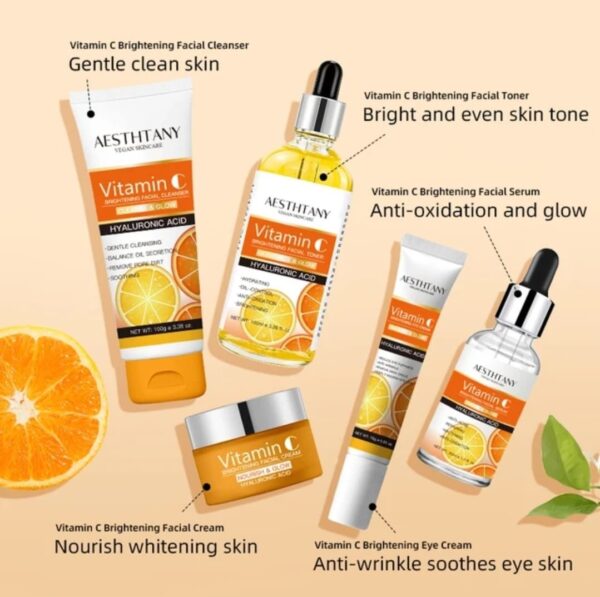 This is 5 pieces vitamin c facial kit with hyaluronic acid It's rejuvenate whitening and brightening skin tone